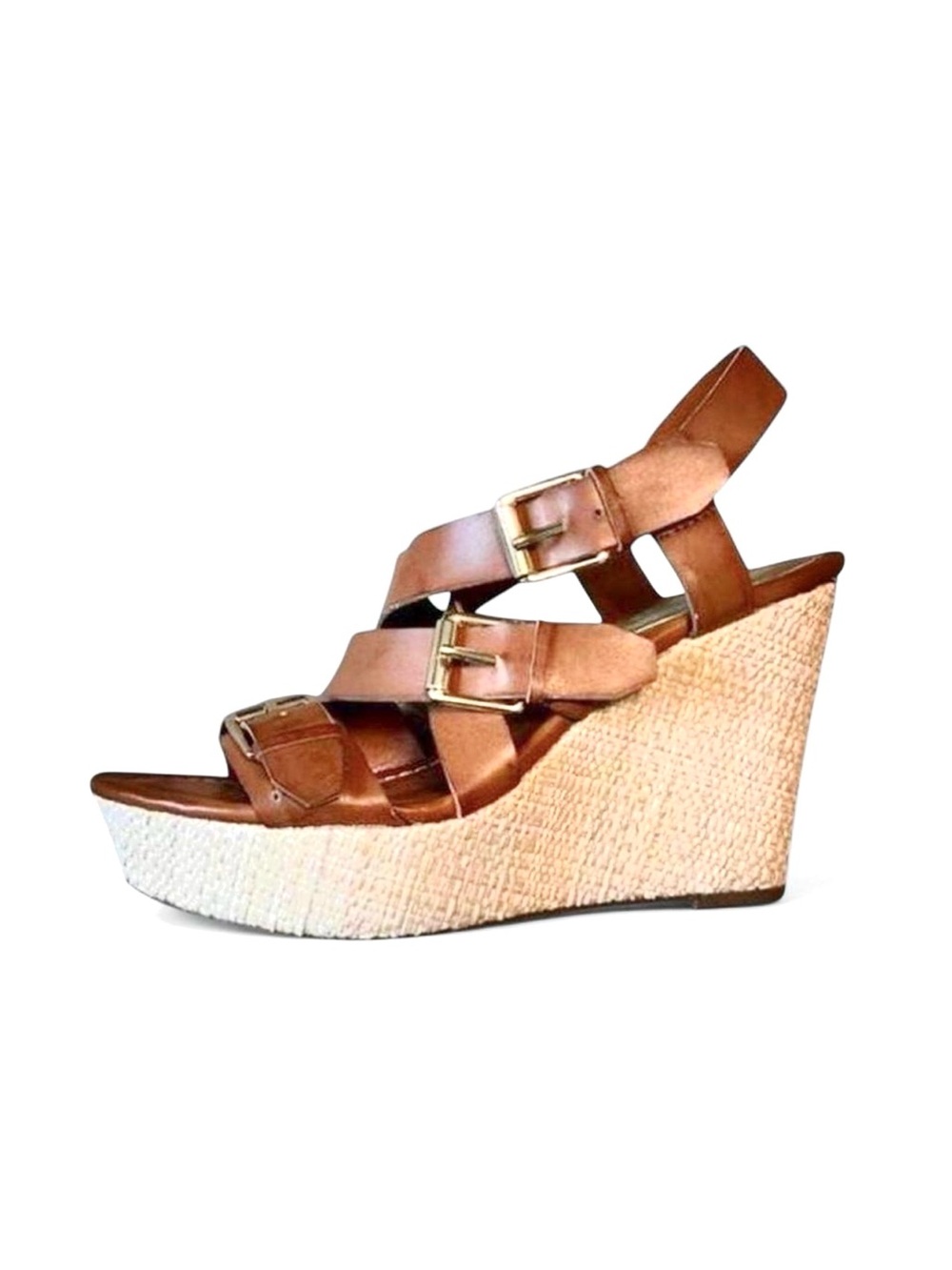 Brown Strappy Cork Wedge Sandals Size 6.5 with 3.5 inch heel